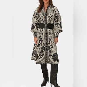 New FARM Rio Flower Leopard Collared Midi Dress Off White Black Size M